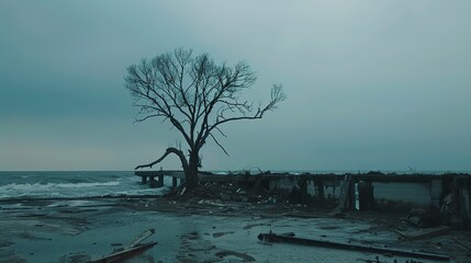Coastal Town Aftermath: Debris-Laden Streets, Damaged Pier Over Turbulent Ocean, Solitary Resilient Tree Amidst Ruins
