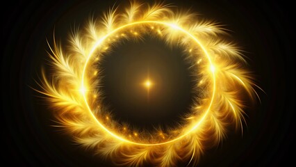 Naklejka premium Vibrant golden light circle with soft, feathery edges radiates from the center, illuminating the dark black background with an ethereal, otherworldly glow.