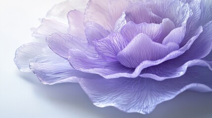 A detailed image of a large lavender flower, with soft purple hues and intricate petal patterns, laid out on a white surface.