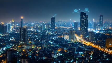 Wireless network and Connection technology concept with Abstract Bangkok city background in panorama view. 