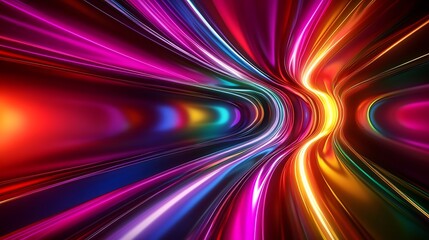 Obraz premium Abstract 3D render with bright neon rays and glowing lines forming a dynamic colorful spectrum