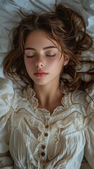 Fototapeta premium Sleeping Beauty: A Dreamy Portrait of a Woman in a White Lace Shirt