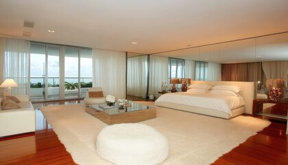 Contemporary bright bedroom with mirrors and natural light in a modern setting