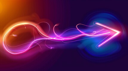 colorful arrow made of glowing light beams, pointing right at the center on a black background he arrow forms an elegant and dynamic shape with a sense of motion and speed