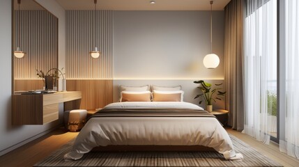 A cozy urban Scandinavian bedroom with a double bed, a minimalist headboard