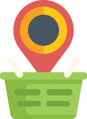 Shopping basket with location icon floating over it representing concept of online shopping and delivery