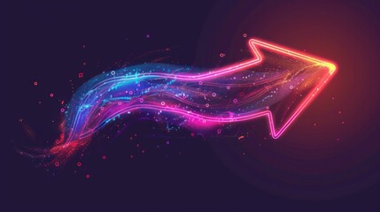 colorful arrow made of glowing light beams, pointing right at the center on a black background he arrow forms an elegant and dynamic shape with a sense of motion and speed