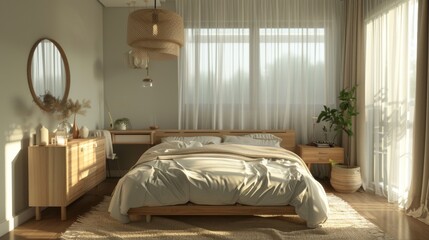 A cozy zen loft Scandinavian bedroom featuring a double bed with a minimalist headboard, bedside tables