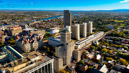 Albany skyline and historic buildings aerial. This aerial view captures Albany skyline,...