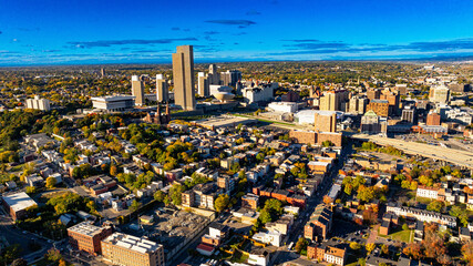 Albany cityscape with vibrant neighborhoods. This aerial view captures the vibrant neighborhoods...