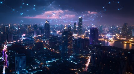 Obraz premium Wireless network and Connection technology concept with Abstract Bangkok city background in panorama view. 