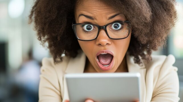 A surprised woman with glasses reacts while looking at a tablet.