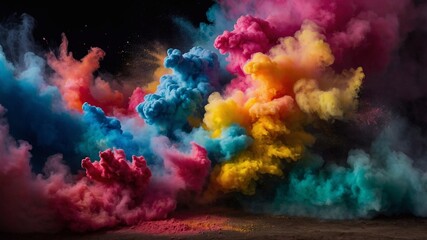 Explosion of multicolored powder on black background. Holi colors in the air. Bright background, abstract