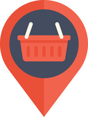 Red location pin pointing to an online shopping basket, representing the concept of finding stores