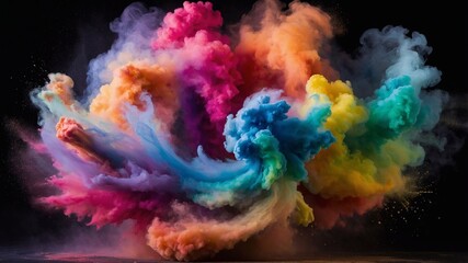 Obraz premium Explosion of multicolored powder on black background. Holi colors in the air. Bright background, abstract