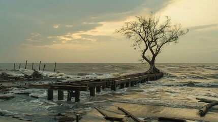 Obraz premium Coastal Town Aftermath: Debris-Laden Streets, Damaged Pier Over Turbulent Ocean, Solitary Resilient Tree Amidst Ruins