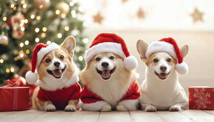 Three playful corgis in festive sweaters and Santa hats pose cheerfully against a holiday backdrop.