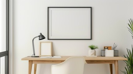 A minimalist desk arrangement in a modern home office setting. The room has white walls and a desk with wooden finishes. The main focus is a blank picture frame