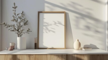 A minimalist desk scene with white walls and wood accents. The main feature is a blank picture frame