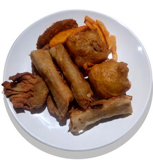 Various fried snacks on white plate isolated on white background. Can be used for food menu photos.