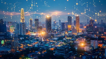 Wireless network and Connection technology concept with Abstract Bangkok city background in panorama view. 