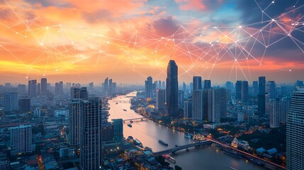 Fototapeta premium Wireless network and Connection technology concept with Abstract Bangkok city background in panorama view. 