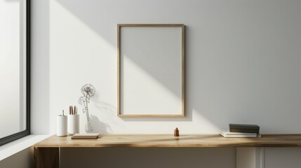 A minimalist home office with a modern wooden desk and white walls. The focus is on a blank picture frame, either on the desk or on the wall