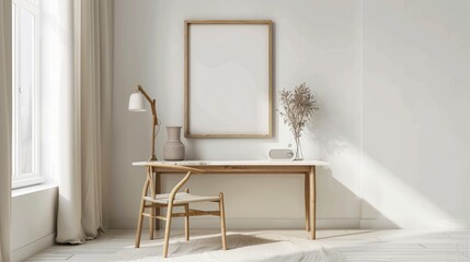 A minimalist home office with a white-walled, wooden desk. The main focus is a blank picture frame