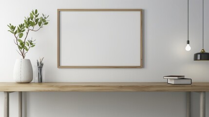 A minimalist home office with a modern wooden desk and white walls. The focus is on a blank picture frame, either on the desk or on the wall