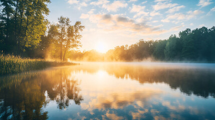 A vibrant lake at sunrise, with mist rising from the water and a peaceful ambiance.