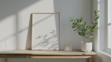 A minimalist home office with white walls and a wooden desk. The desk features a blank picture frame and a small desk clock. Gentle
