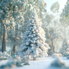 Snow Covered Pine Tree in Winter Forest Landscape