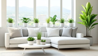 Bright and airy minimalist living room with plants and city view in modern design
