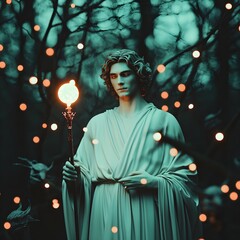 Fototapeta premium Ethereal figure holding a glowing orb in a mystical forest