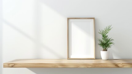 A minimalist home office with white walls and a wooden desk. A blank picture frame is the focal point