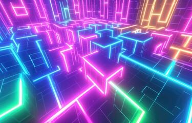 A vibrant, neon-lit maze of glowing lines and shapes, evoking a futuristic digital landscape.