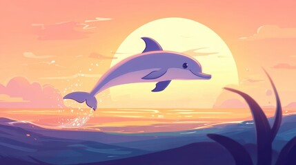 Joyful Dolphin Leaping Against Sunset Background