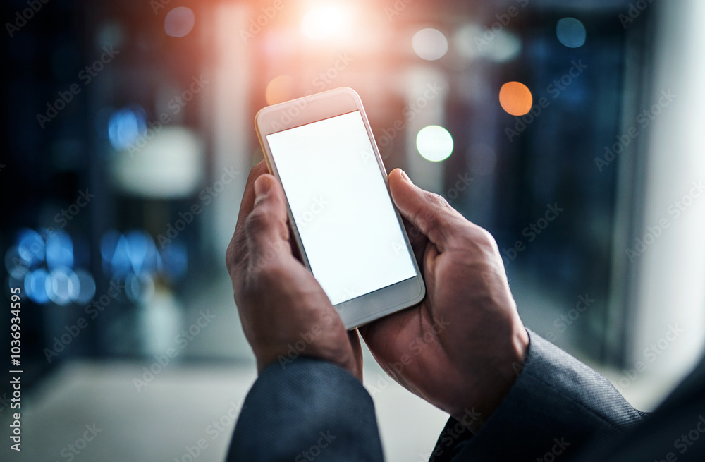 Poster businessman hands holding phone with white screen template in modern office. closeup businessperson 