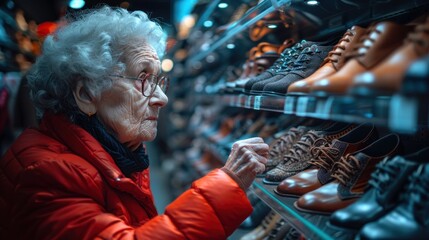 Obraz premium Elderly woman chooses a pair of shoes in the store.