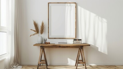 A minimalist home office with white walls and a wooden desk. The desk features a blank picture frame and a small notebook. Gentle