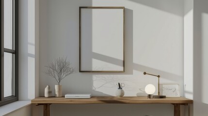 A minimalist home office with white walls and a wooden desk. The desk features a blank picture frame and a small potted plant. Bright