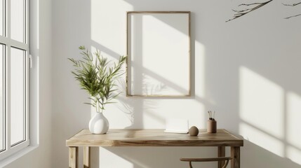 Fototapeta premium A minimalist home office with white walls and a wooden desk. The desk features a blank picture frame and a stylish desk lamp. Gentle