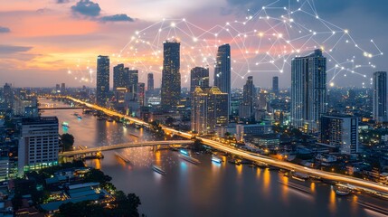 Naklejka premium Wireless network and Connection technology concept with Abstract Bangkok city background in panorama view. 