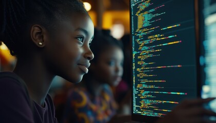 Young girls joyfully learning programming skills in a coding class together