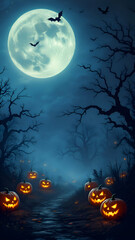 A spooky Halloween scene with a path illuminated by glowing jackolanterns under a full moon with bats flying overhead, all set against a backdrop of gnarled, bare trees.