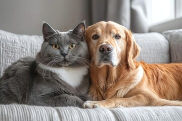 British cat and Golden Retriever , isolated on white background,  , copy space for text,