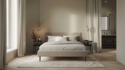 A minimalist Scandinavian bedroom with a double bed, a sleek headboard