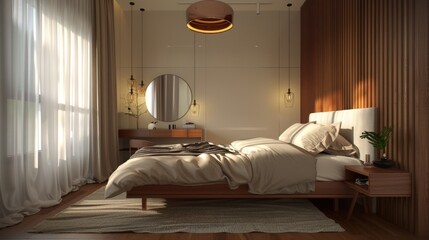 A minimalist Scandinavian bedroom with a double bed, a sleek headboard