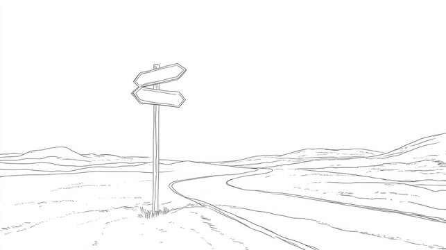 Isolated road direction sign arrows on a white background Continuous line drawing of a fingerpost indicating travel directions in a minimalist art style