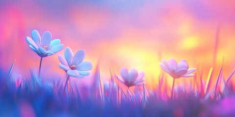Six white blossoms against a vibrant spring backdrop, White flowers on a colorful spring background